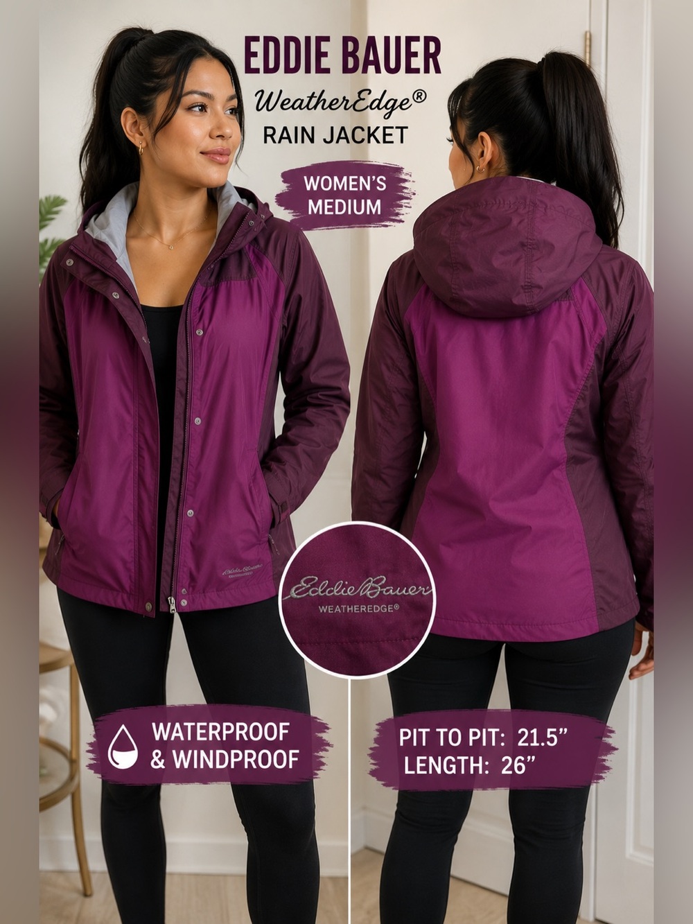 Eddie Bauer WeatherEdge Hooded Rain Jacket Women’s M Purple Waterproof Windbreak